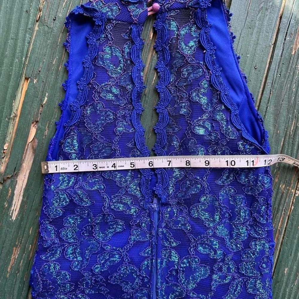 Sherri Hill‎ Royal Blue Lace Keyhole Cocktail Dress Shimmer Crochet Waist